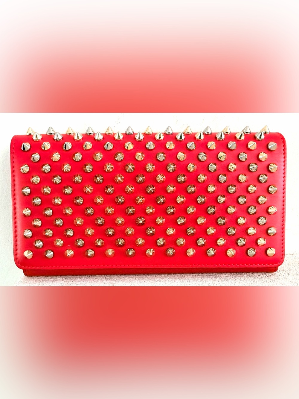 CHRISTIAN LOUBOUTIN Macaron Spike Wallet Wristlet Clutch Red